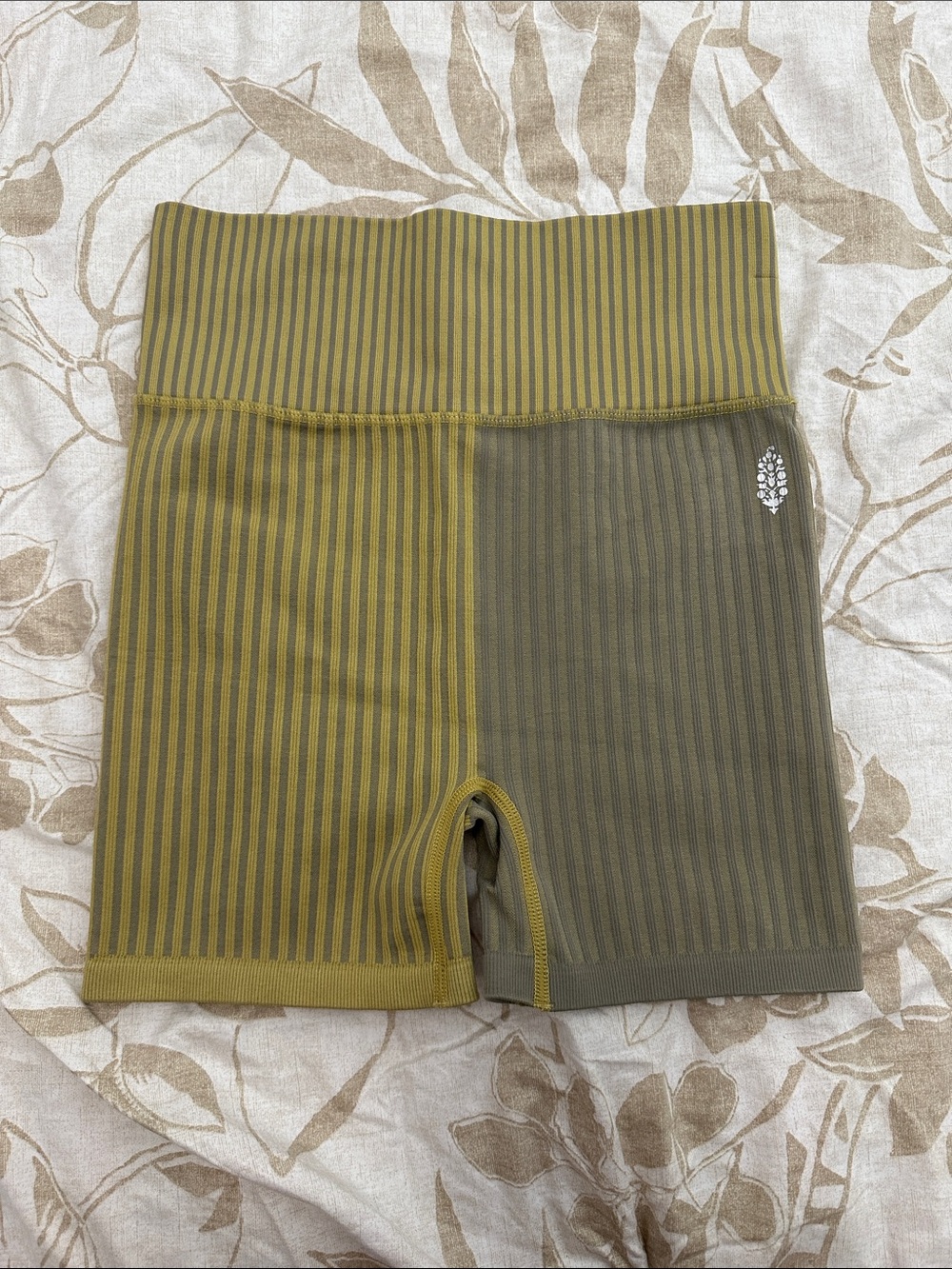 Free People Olive & Mustard Striped Seamless Biker Shorts